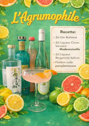 Création du cocktail agrumophile à base de gin bohème et liqueur citron verveine mademoiselle bo&bon, Toulouse, FRENCH BOTTLE